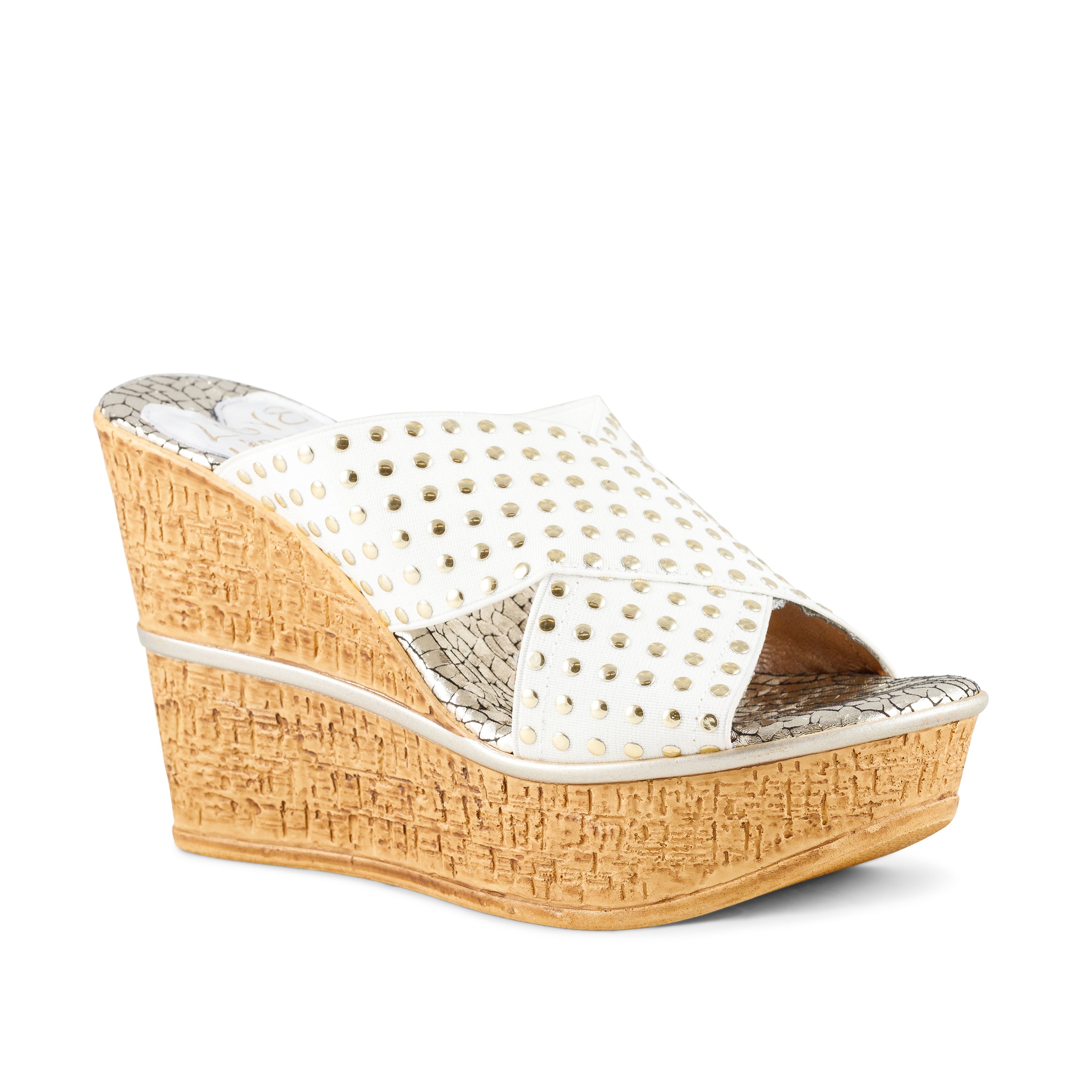Stylish Manhattan studded wedges with a leather upper and cork wedge outsole, featuring a snake print sock liner.