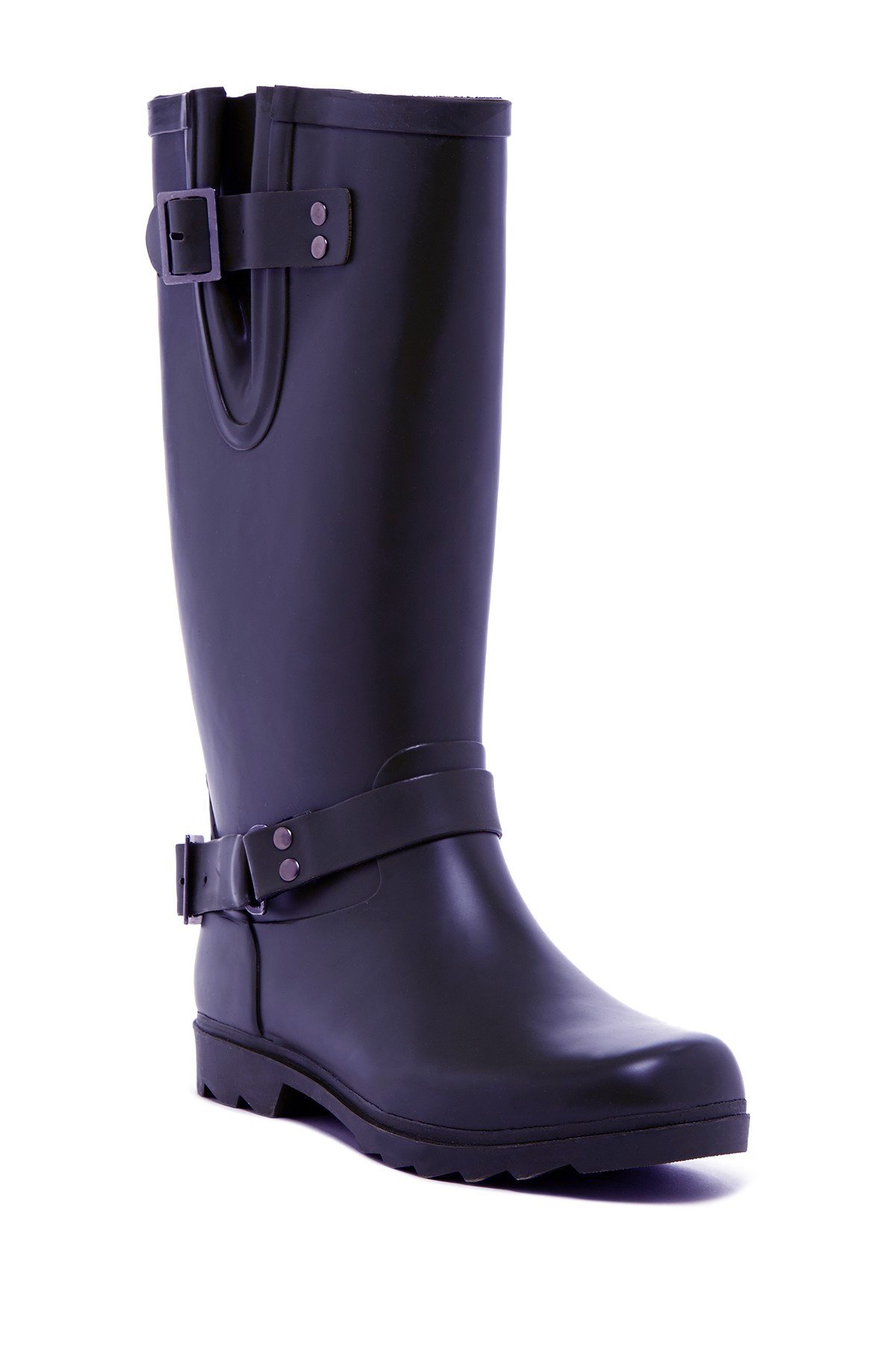 Stylish MARIENE boots featuring a durable rubber upper, back zipper closure, and a 12-inch shaft height for a fashionable look.