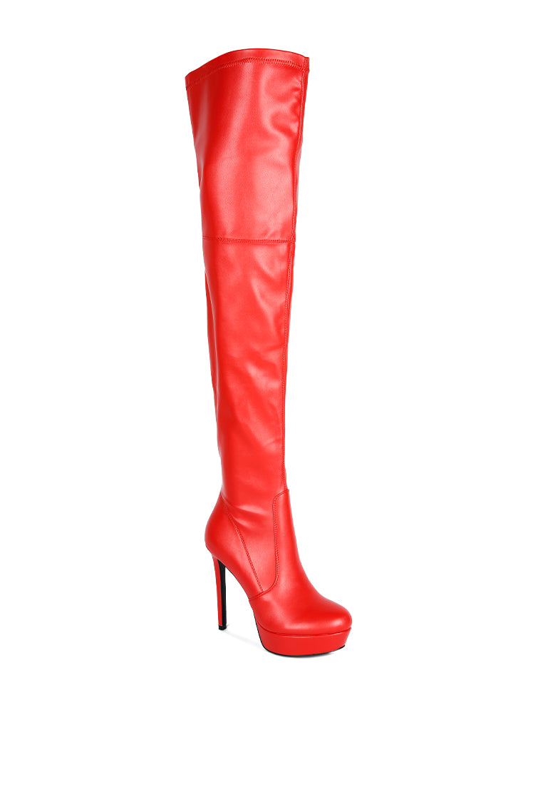 Marvelettes Faux Leather High Heeled Long Boots featuring a pointed toe, high platform, and stylish over-the-knee design with side zipper.