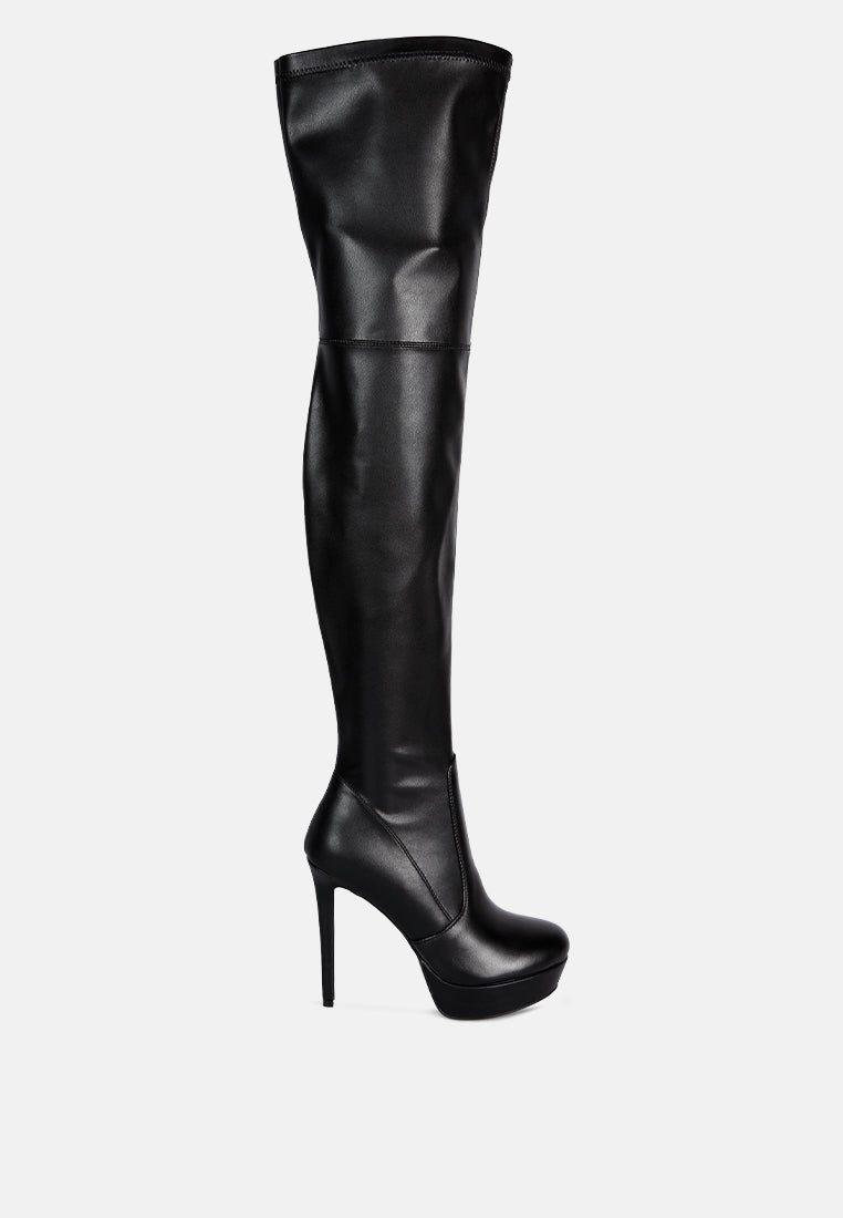 Marvelettes Faux Leather High Heeled Long Boots featuring a pointed toe, high platform, and stylish over-the-knee design with side zipper.