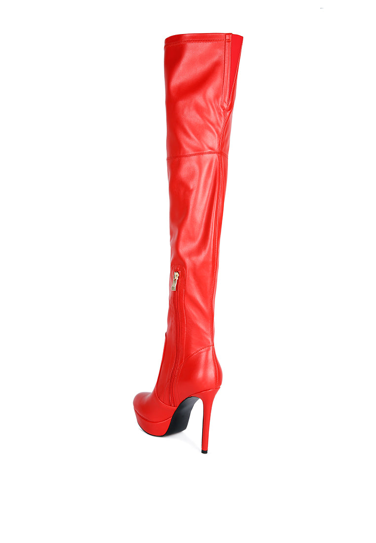 Marvelettes Faux Leather High Heeled Long Boots featuring a pointed toe, high platform, and stylish over-the-knee design with side zipper.