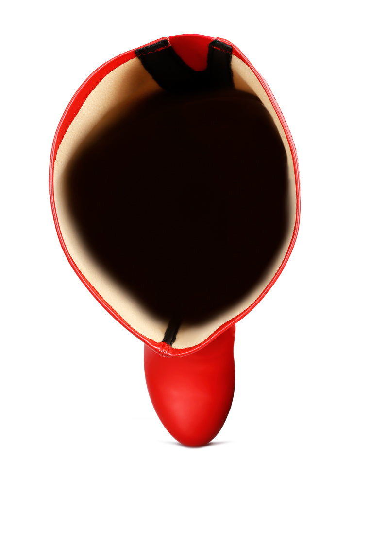 Marvelettes Faux Leather High Heeled Long Boots featuring a pointed toe, high platform, and stylish over-the-knee design with side zipper.