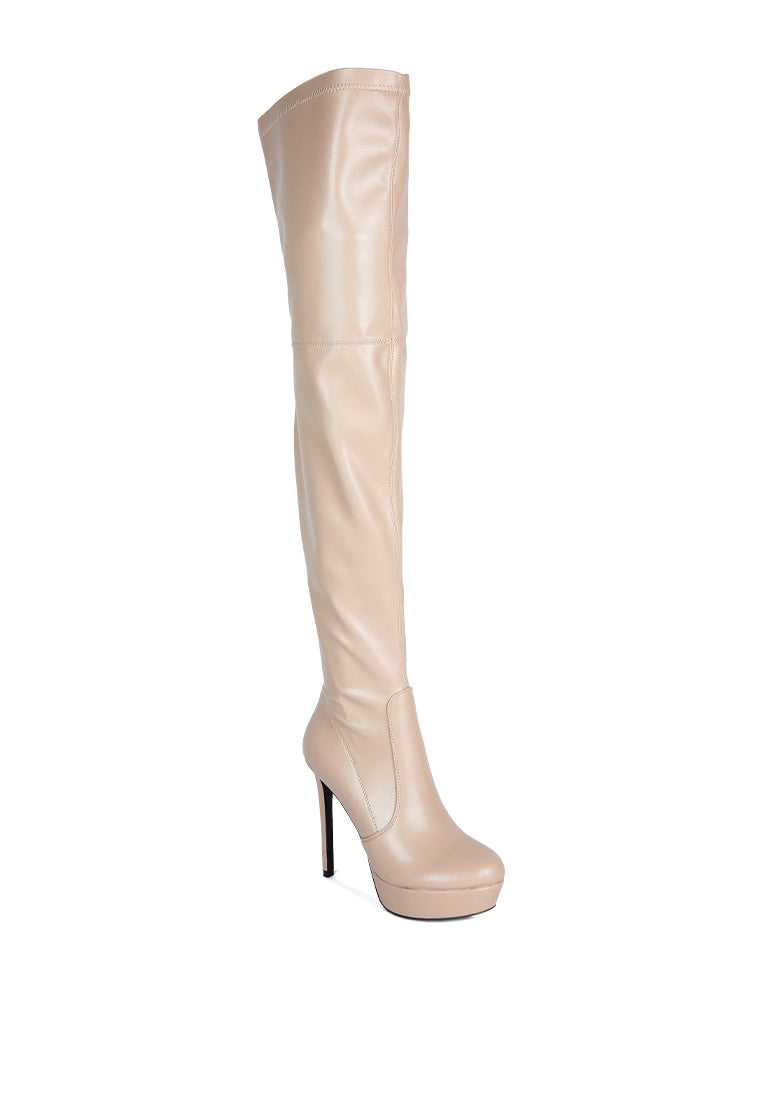 Marvelettes Faux Leather High Heeled Long Boots featuring a pointed toe, high platform, and stylish over-the-knee design with side zipper.