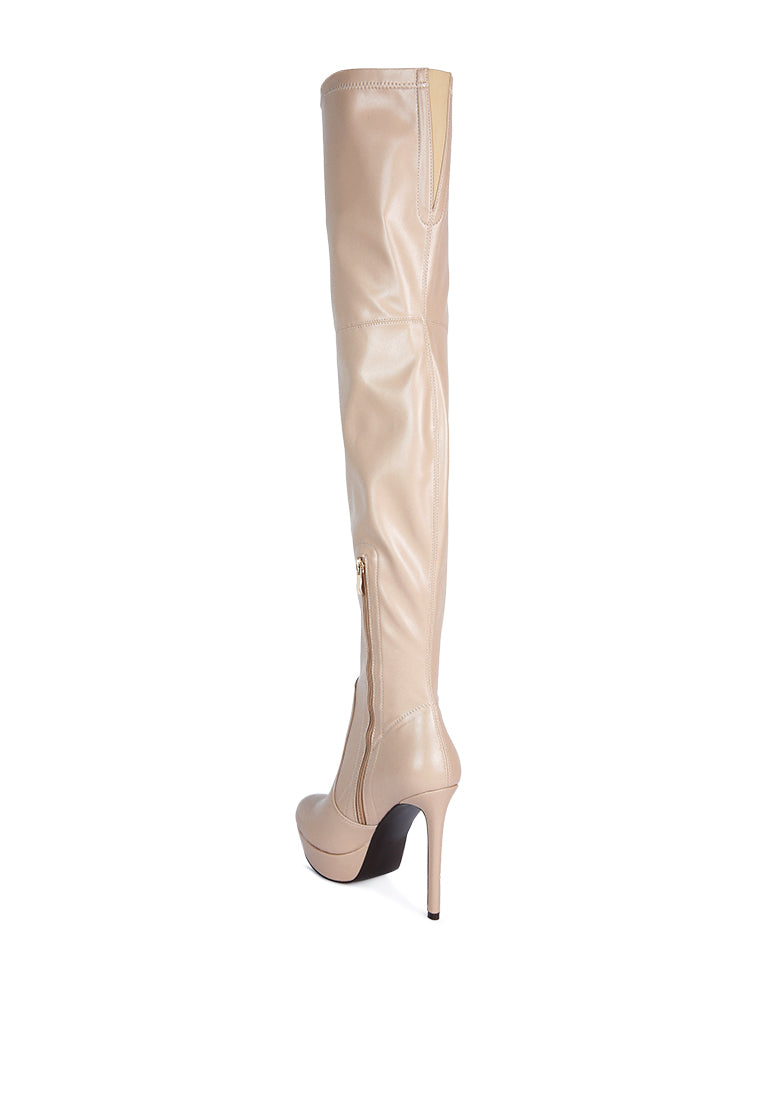 Marvelettes Faux Leather High Heeled Long Boots featuring a pointed toe, high platform, and stylish over-the-knee design with side zipper.