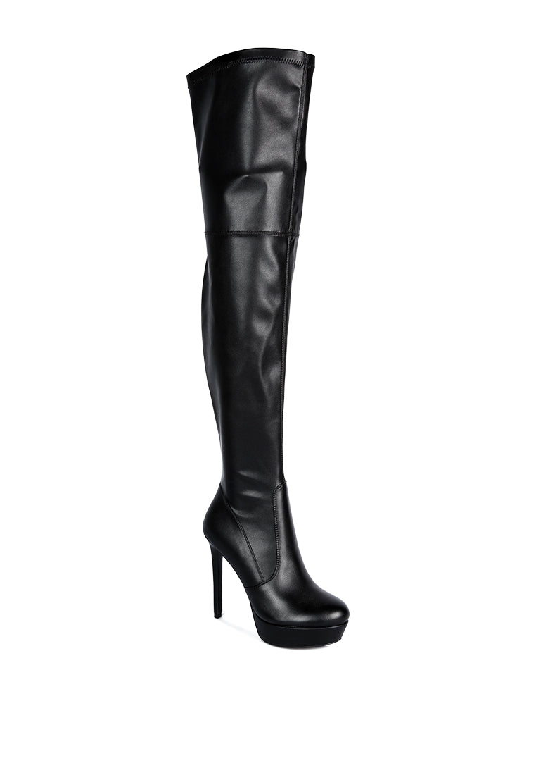Marvelettes Faux Leather High Heeled Long Boots featuring a pointed toe, high platform, and stylish over-the-knee design with side zipper.