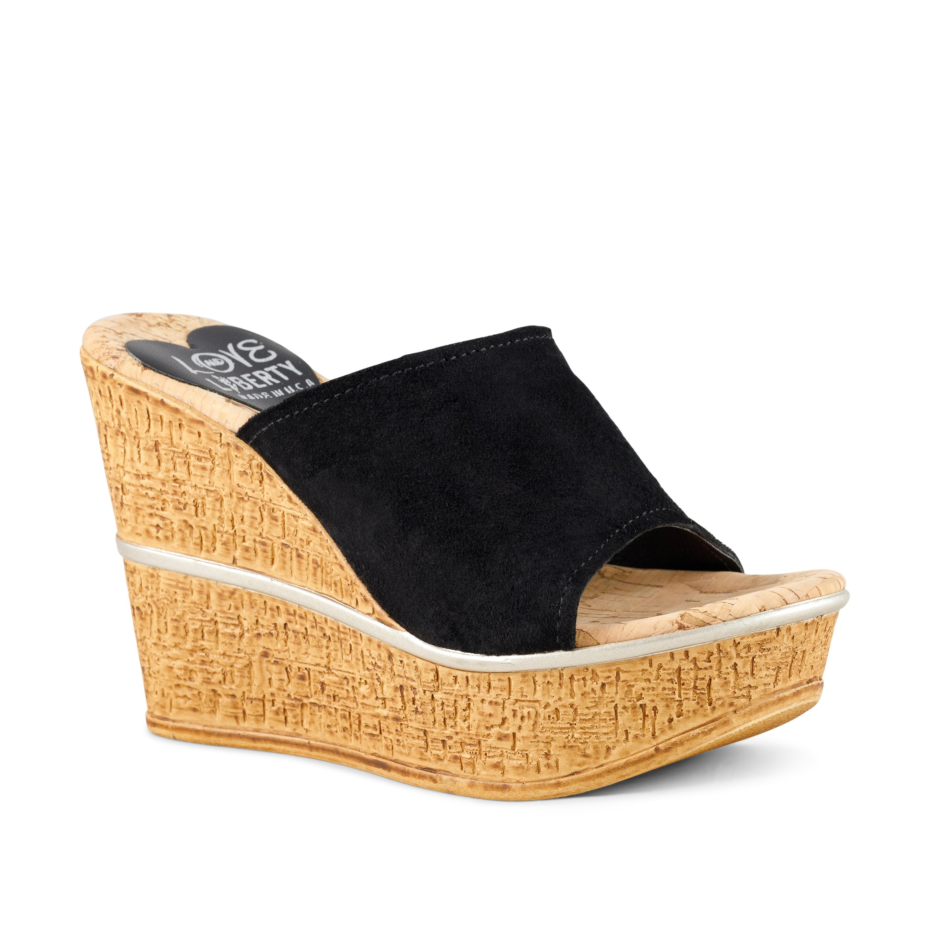 Melrose Ave wedges featuring a sleek black suede upper and a high wedge heel, perfect for stylish and comfortable wear.