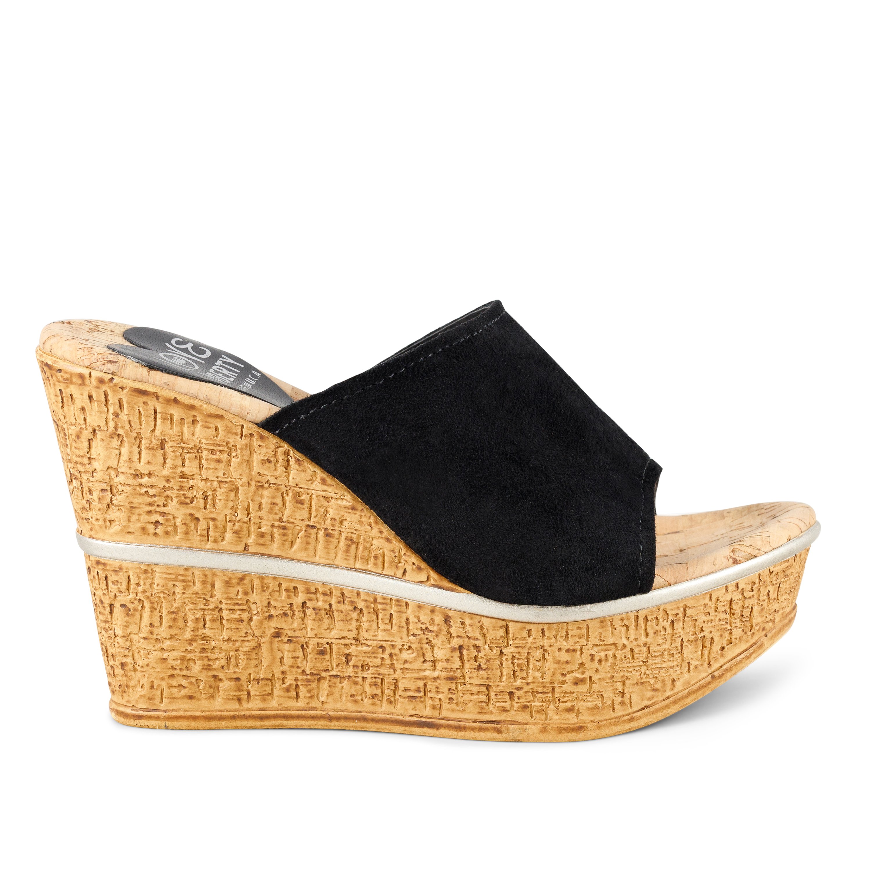 Melrose Ave wedges featuring a sleek black suede upper and a high wedge heel, perfect for stylish and comfortable wear.