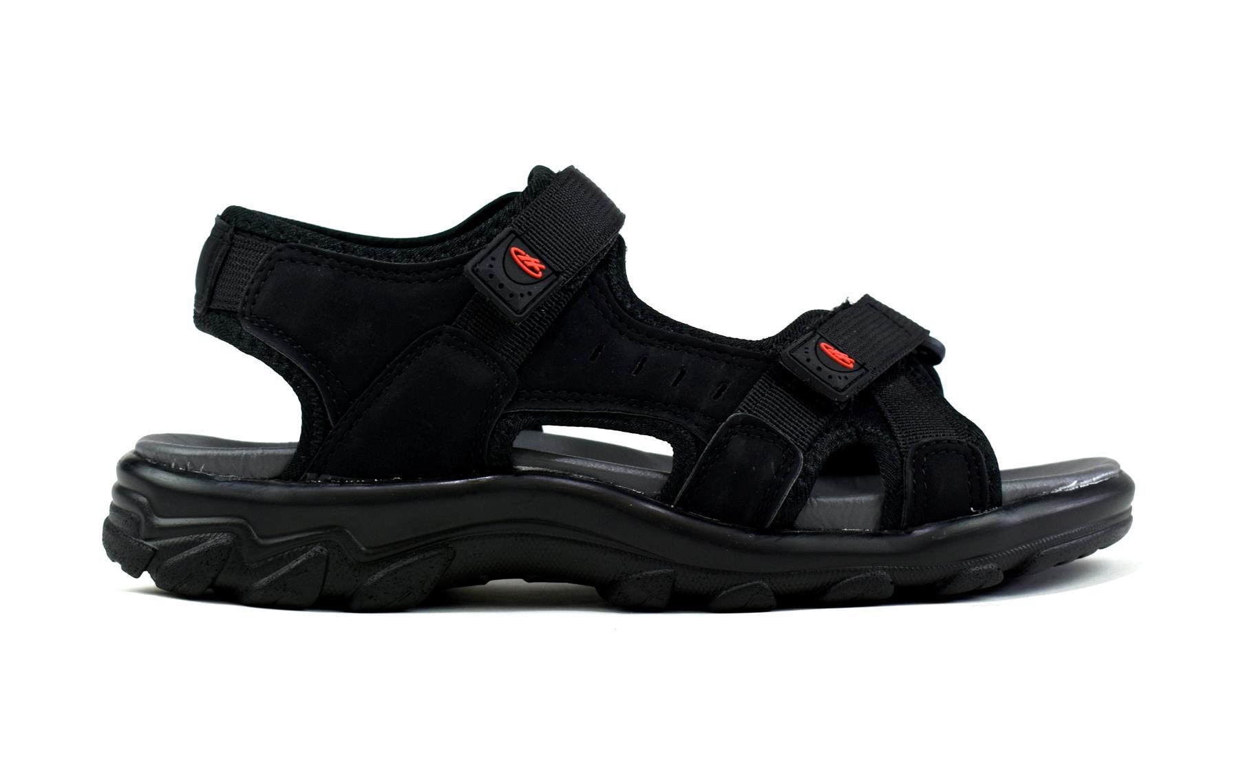 Men's black strappy summer sandals showcasing a stylish design with synthetic materials and durable sole.