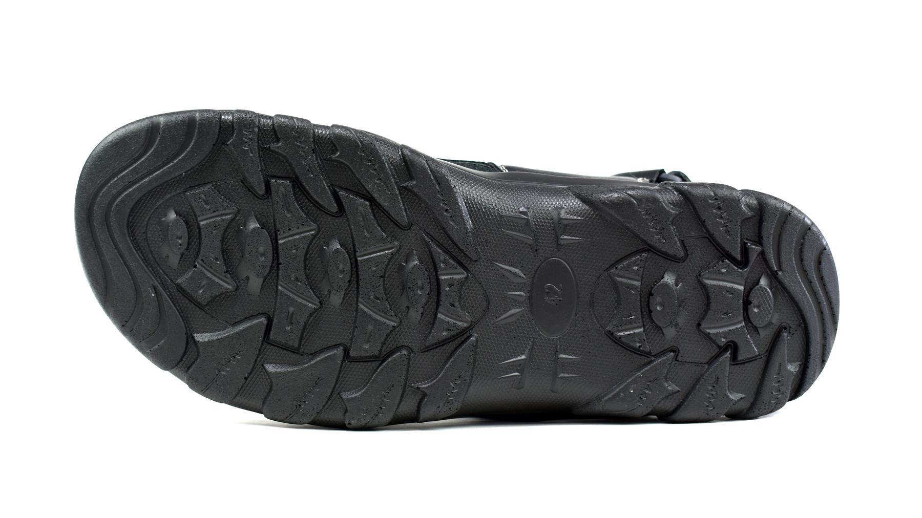 Men's black strappy summer sandals showcasing a stylish design with synthetic materials and adjustable straps.