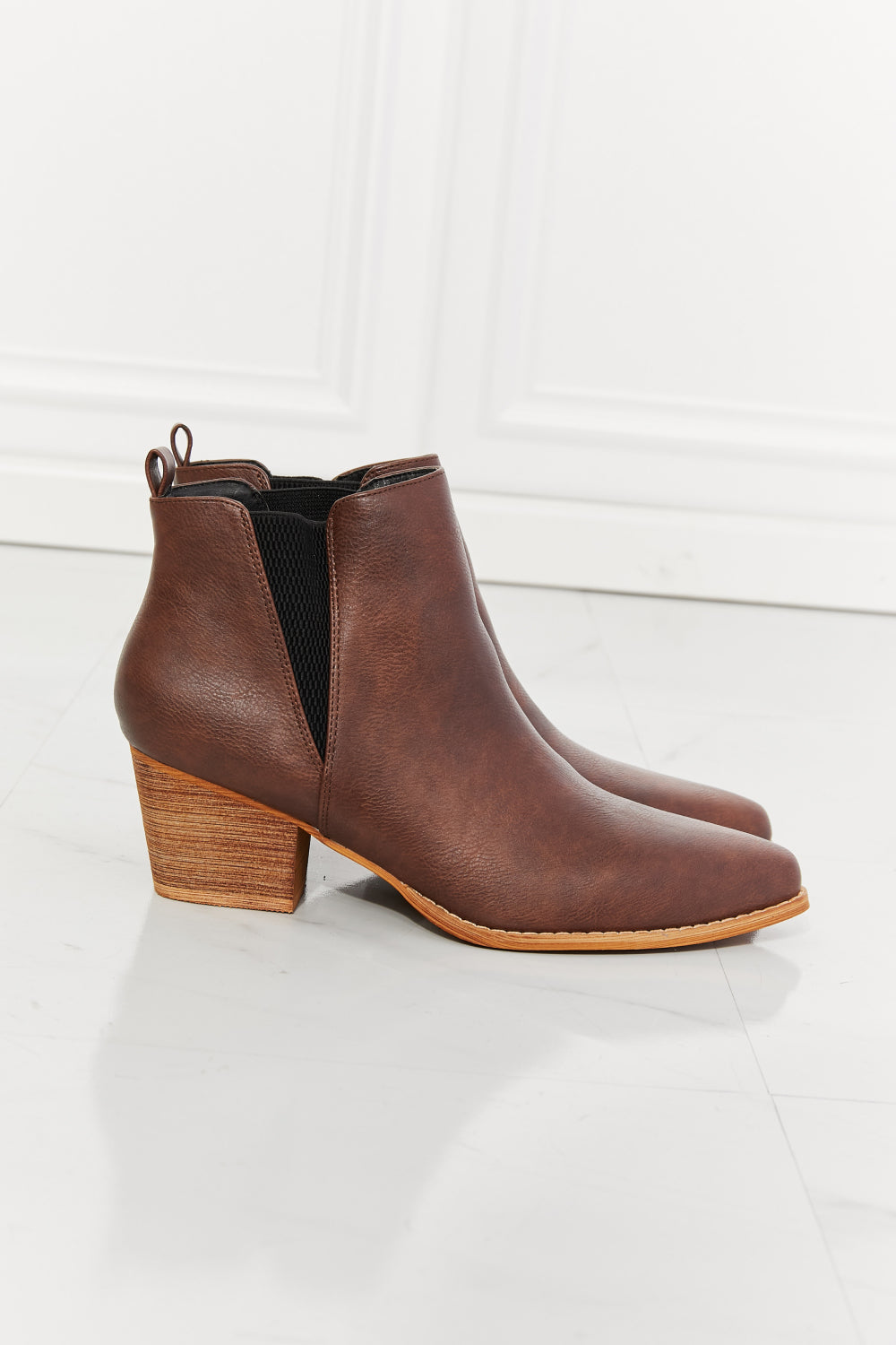 MMShoes Back At It Point Toe Bootie in Chocolate featuring a retro V-panel design and low block heels, crafted from PU leather.
