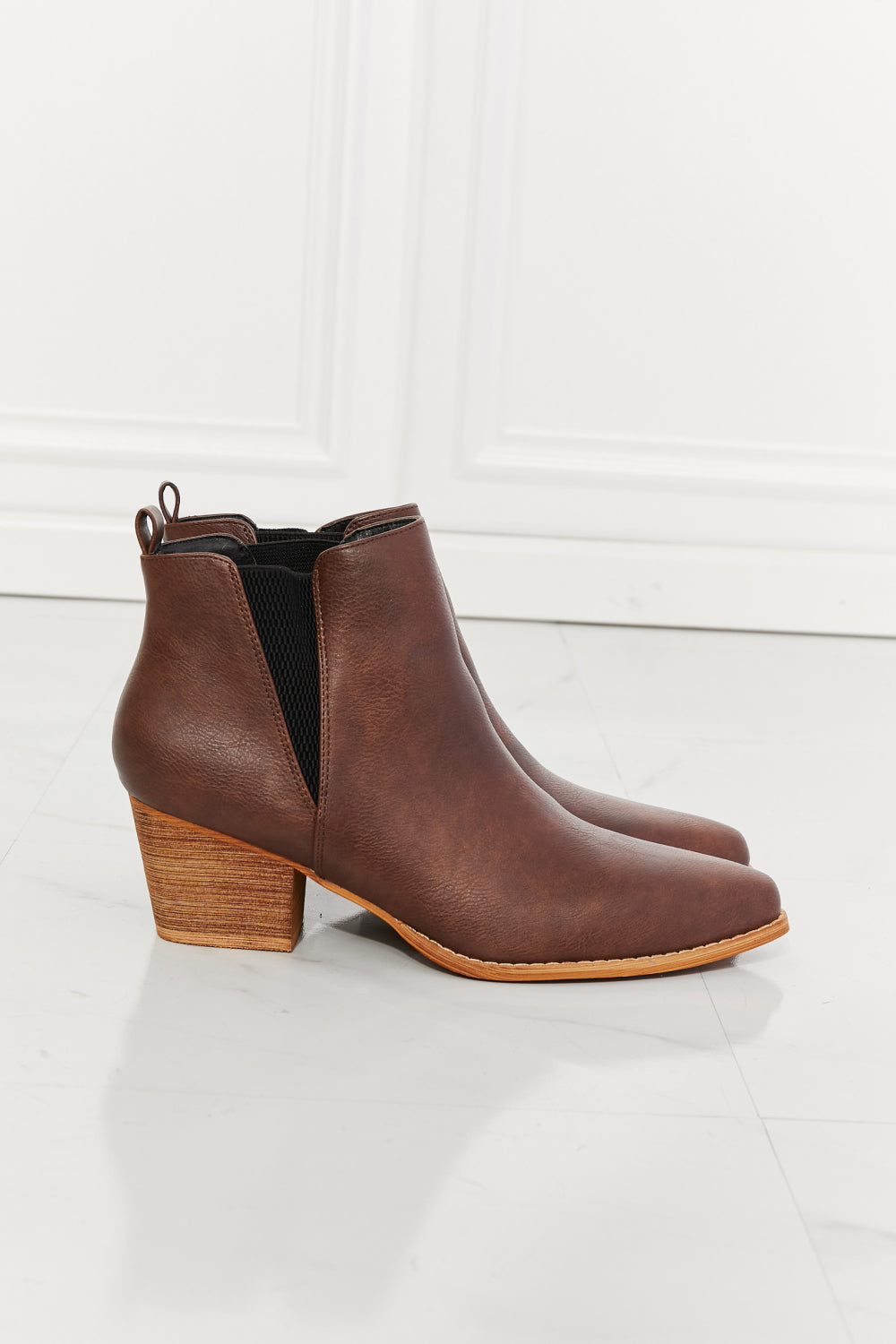 MMShoes Back At It Point Toe Bootie in Chocolate featuring a retro V-panel design and low block heels, crafted from PU leather.