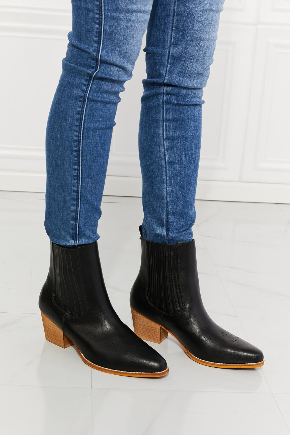 MMShoes Love the Journey Stacked Heel Chelsea Boot in Black, featuring a pointed toe and stylish stacked heel design.