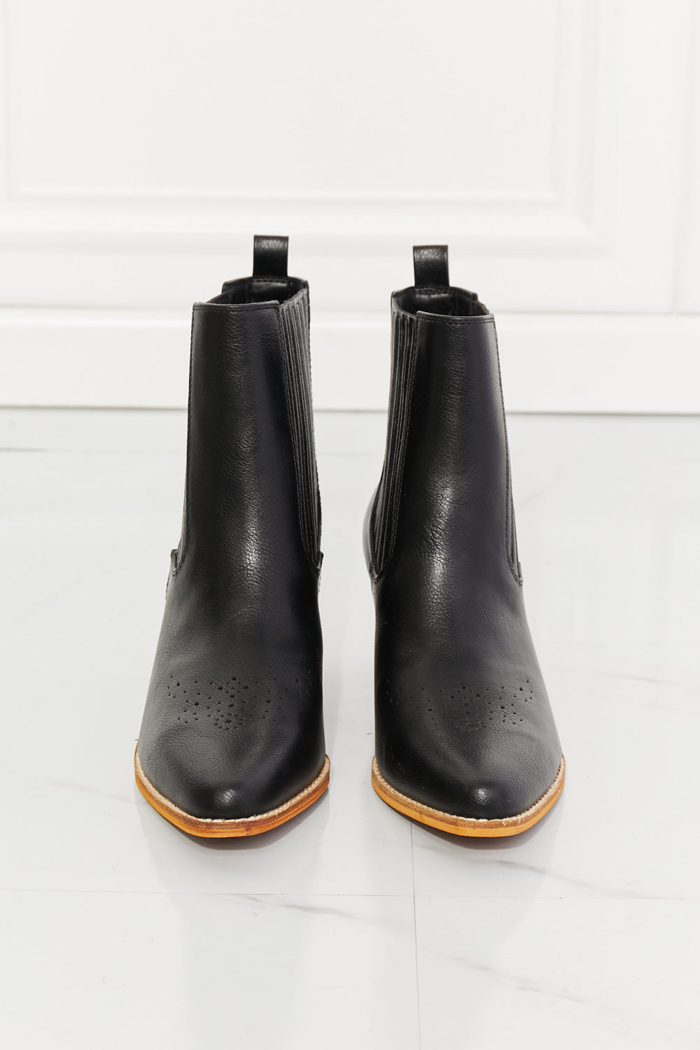MMShoes Love the Journey Stacked Heel Chelsea Boot in Black, featuring a pointed toe and stylish stacked heel design.