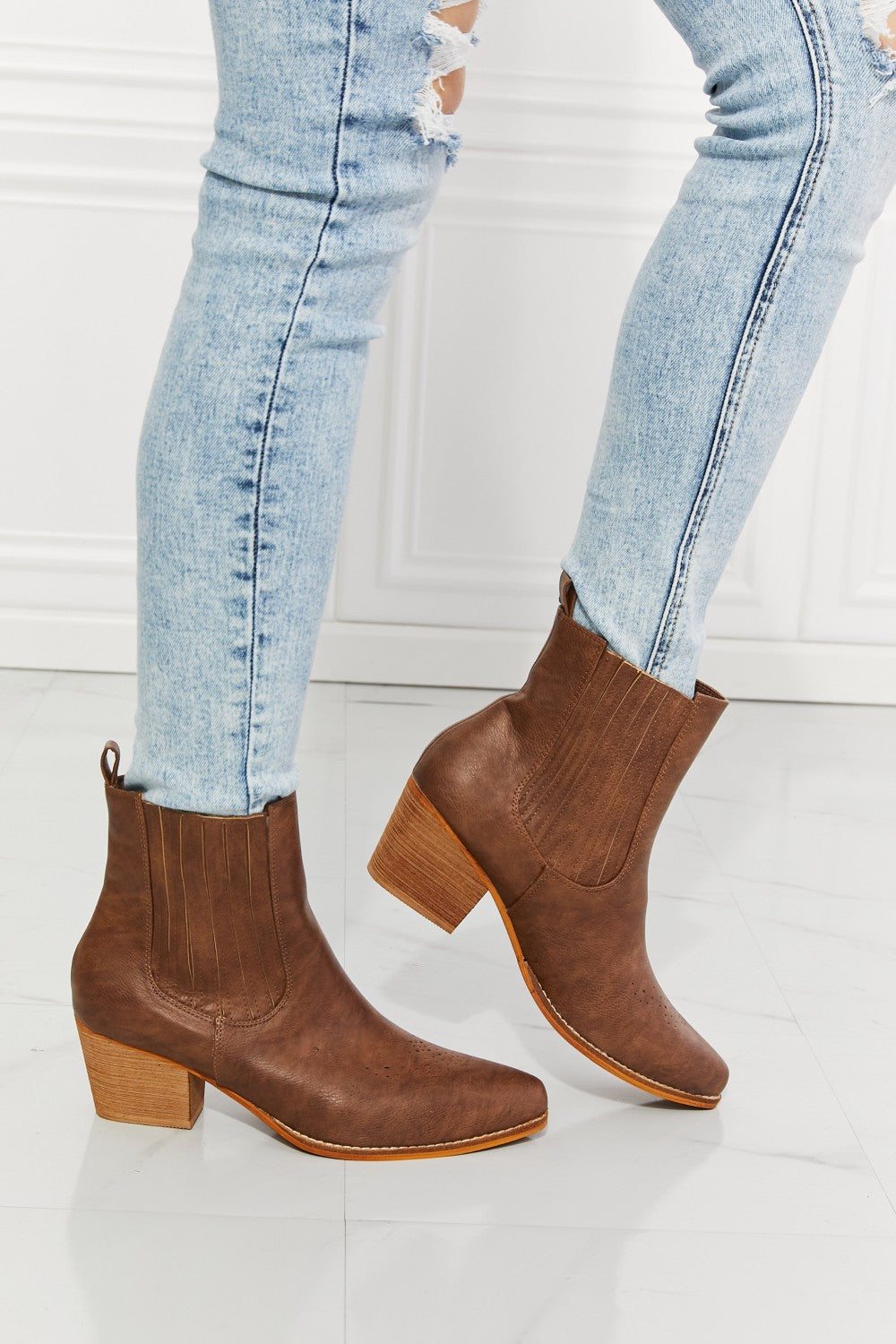 MMShoes Love the Journey Stacked Heel Chelsea Boot in Chestnut, featuring a high-top design, pointed toe, and stacked heel.