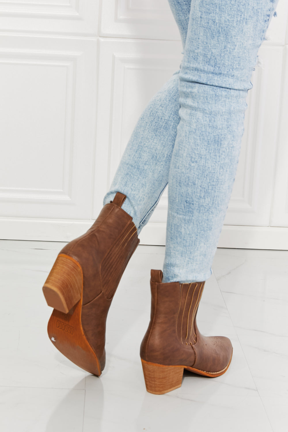 MMShoes Love the Journey Stacked Heel Chelsea Boot in Chestnut, featuring a high-top design, pointed toe, and stacked heel.