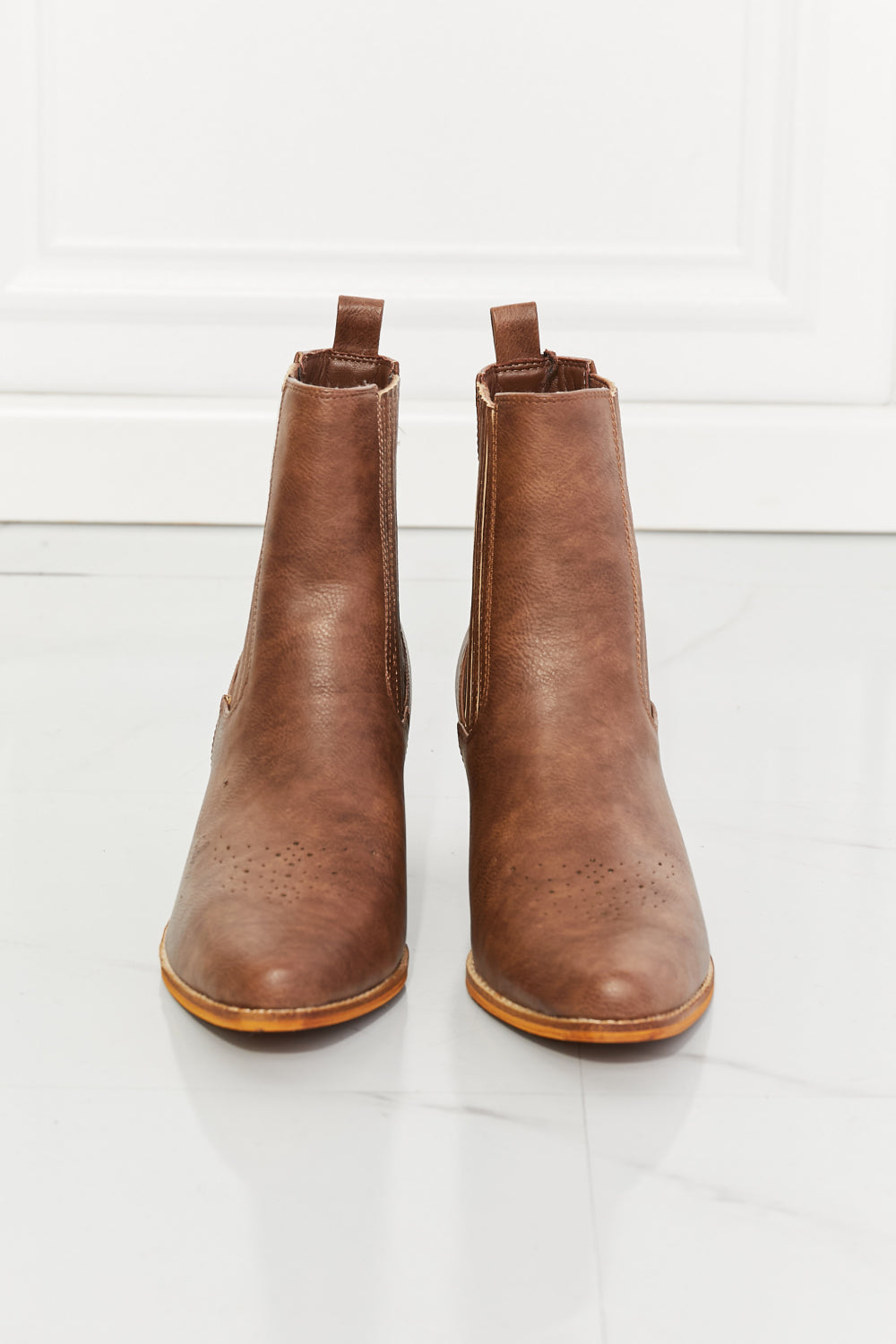 MMShoes Love the Journey Stacked Heel Chelsea Boot in Chestnut, featuring a high-top design, pointed toe, and stacked heel.