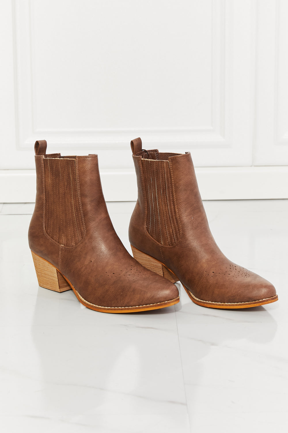 MMShoes Love the Journey Stacked Heel Chelsea Boot in Chestnut, featuring a high-top design, pointed toe, and stacked heel.