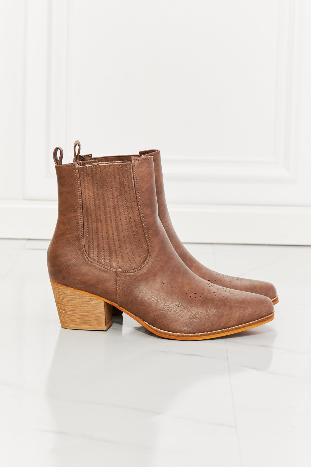 MMShoes Love the Journey Stacked Heel Chelsea Boot in Chestnut, featuring a high-top design, pointed toe, and stacked heel.