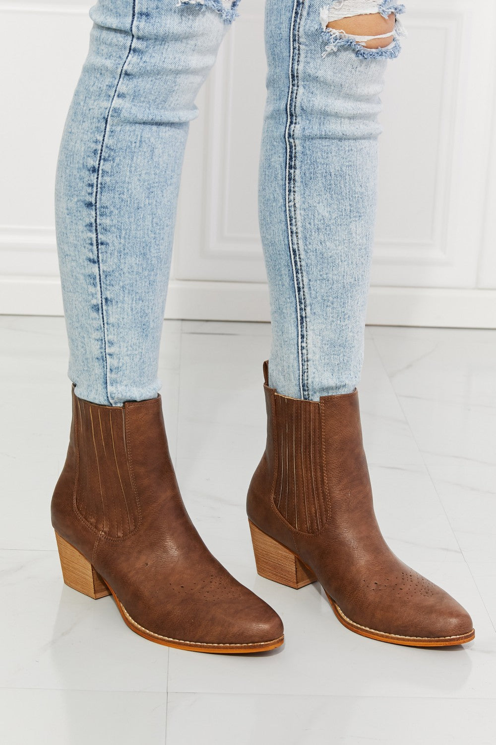 MMShoes Love the Journey Stacked Heel Chelsea Boot in Chestnut, featuring a high-top design, pointed toe, and stacked heel.