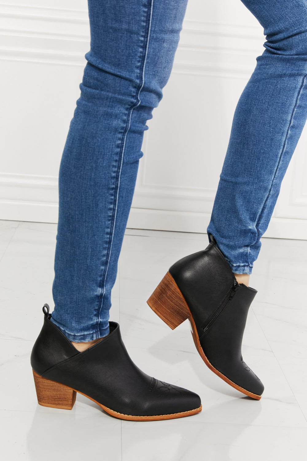 MMShoes Trust Yourself Embroidered Crossover Cowboy Bootie in Black featuring a stylish crossover design and 2.5-inch stacked heel.