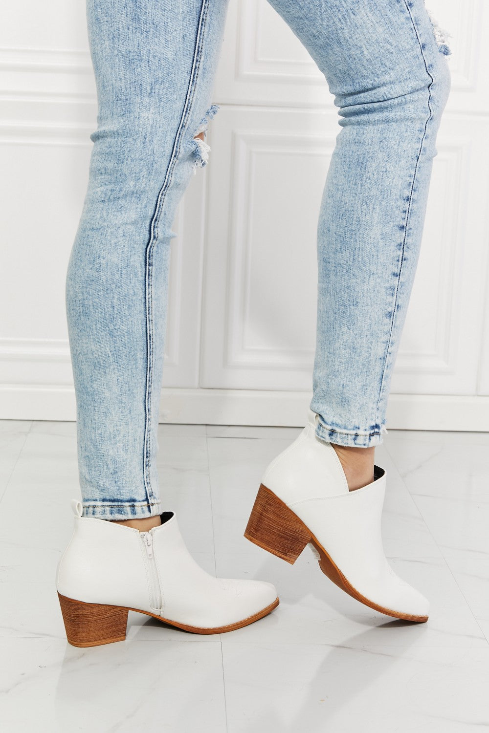 MMShoes Trust Yourself Embroidered Crossover Cowboy Bootie in White with a stylish design and 2.5-inch stacked heel, perfect for trendy outfits.