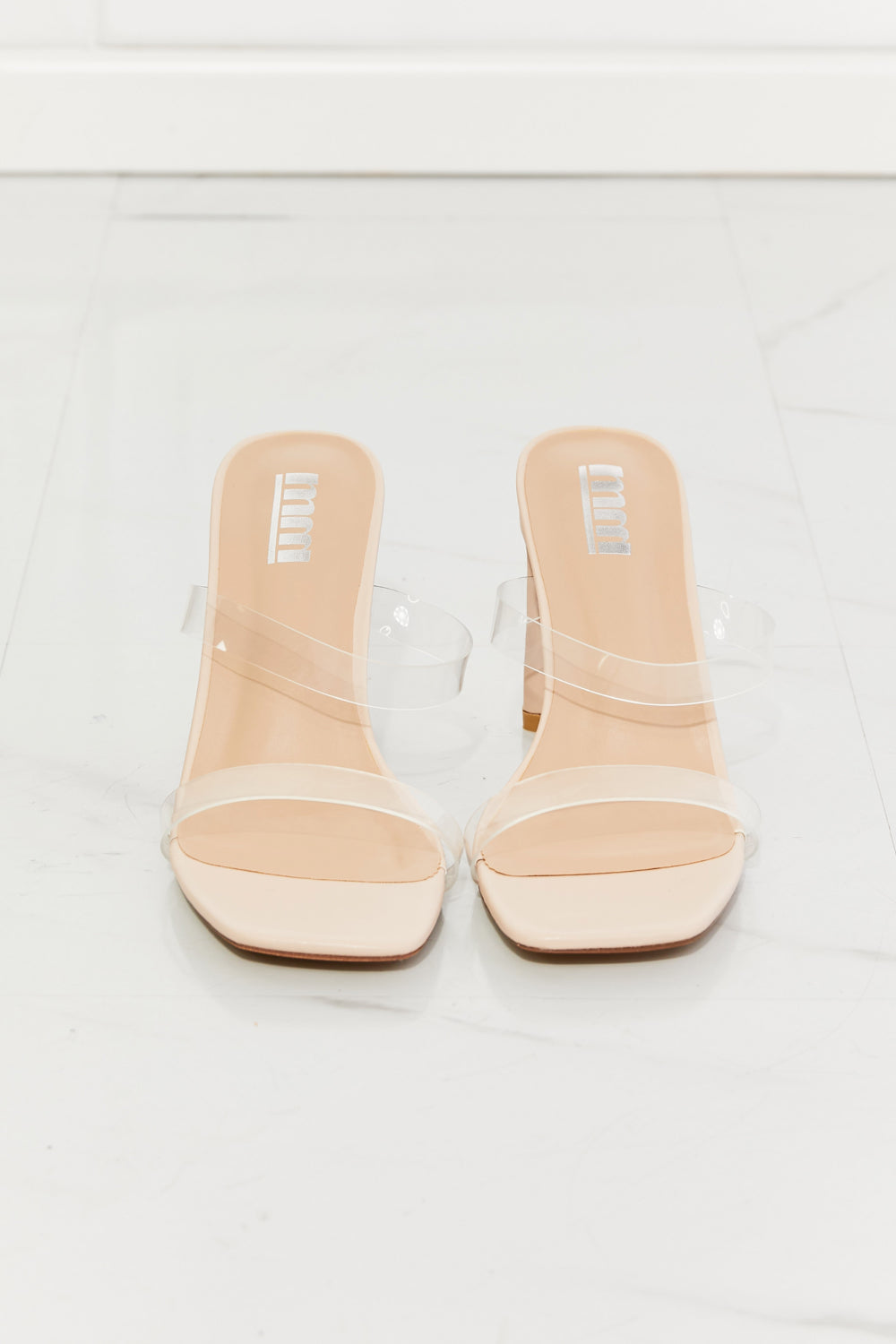MMShoes Walking On Air Transparent Double Band Heeled Sandal featuring a stylish open toe design and high block heel.