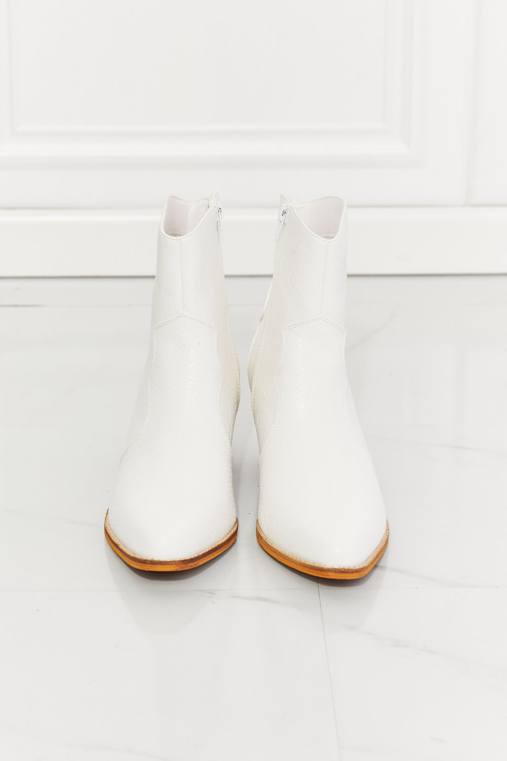 MMShoes Watertower Town Faux Leather Western Ankle Boots in White with pointed toe and low block heel.