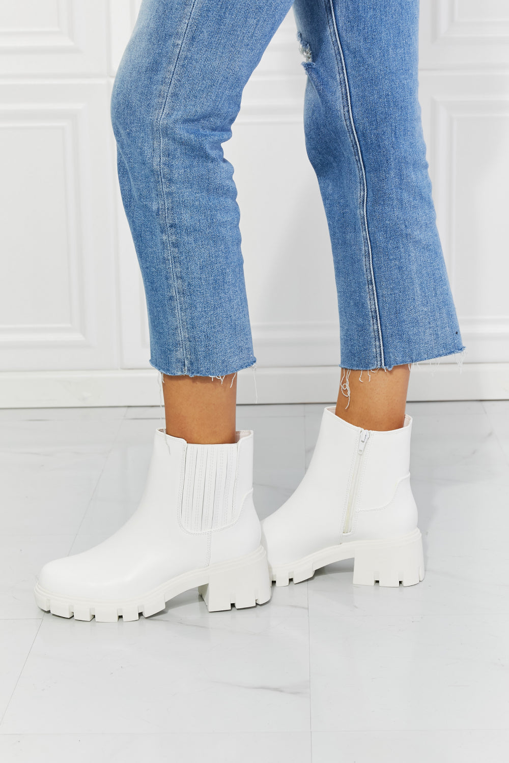 MMShoes What It Takes Lug Sole Chelsea Boots in White, featuring faux patent leather, block heel, and stretchy side panel for easy wear.