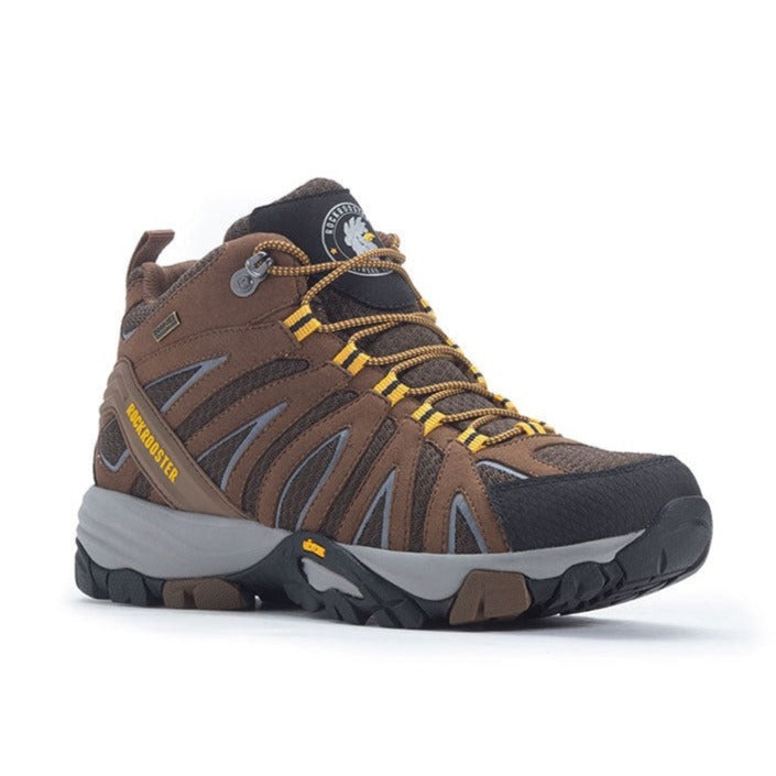 A pair of ROCKROOSTER Men's 6 Inch Hiking Boots showcasing nubuck leather, rubber outsole, and waterproof features, ideal for outdoor adventures.