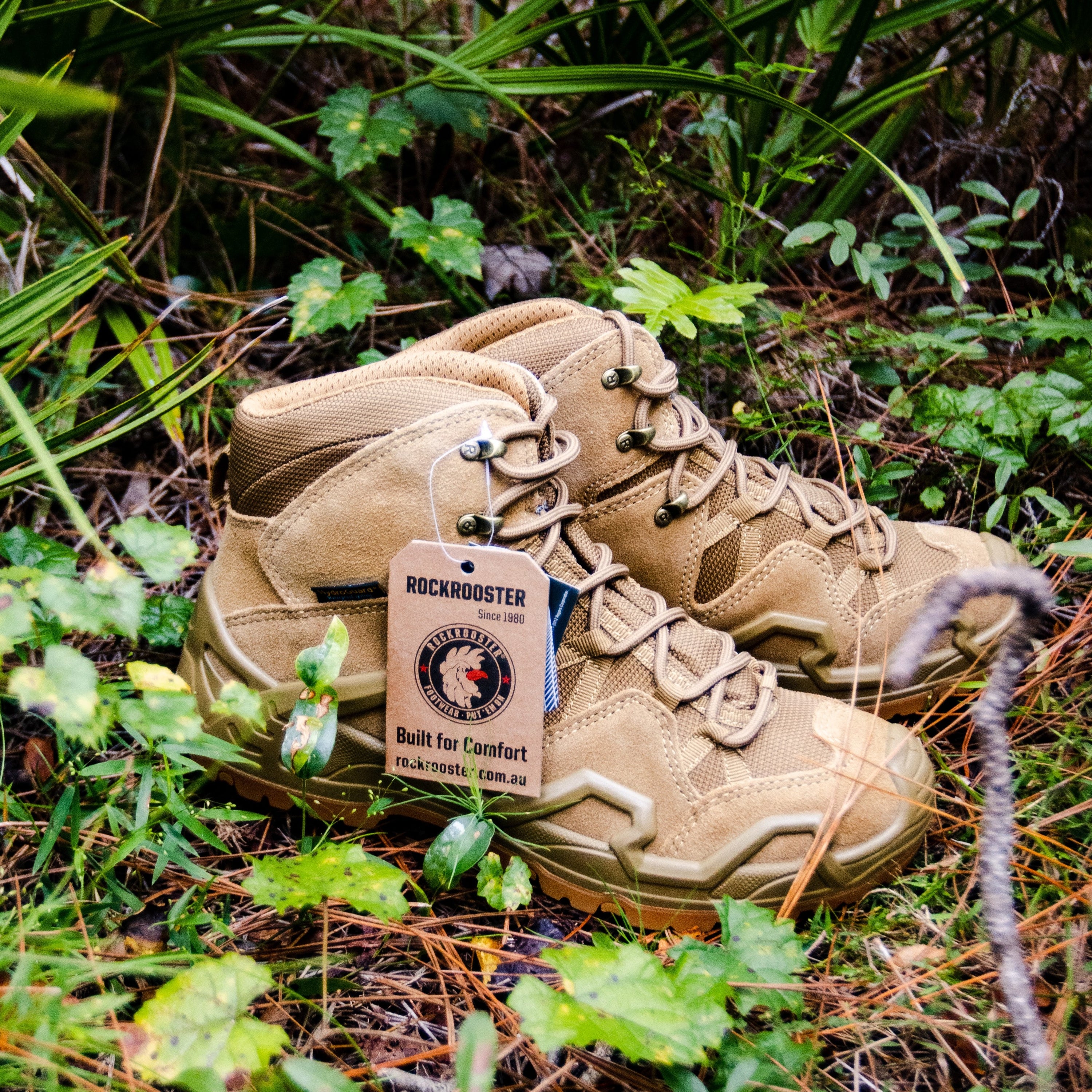 A pair of ROCKROOSTER Men's 6 Inch Hiking Boots showcasing nubuck leather, rubber outsole, and waterproof features, ideal for outdoor adventures.