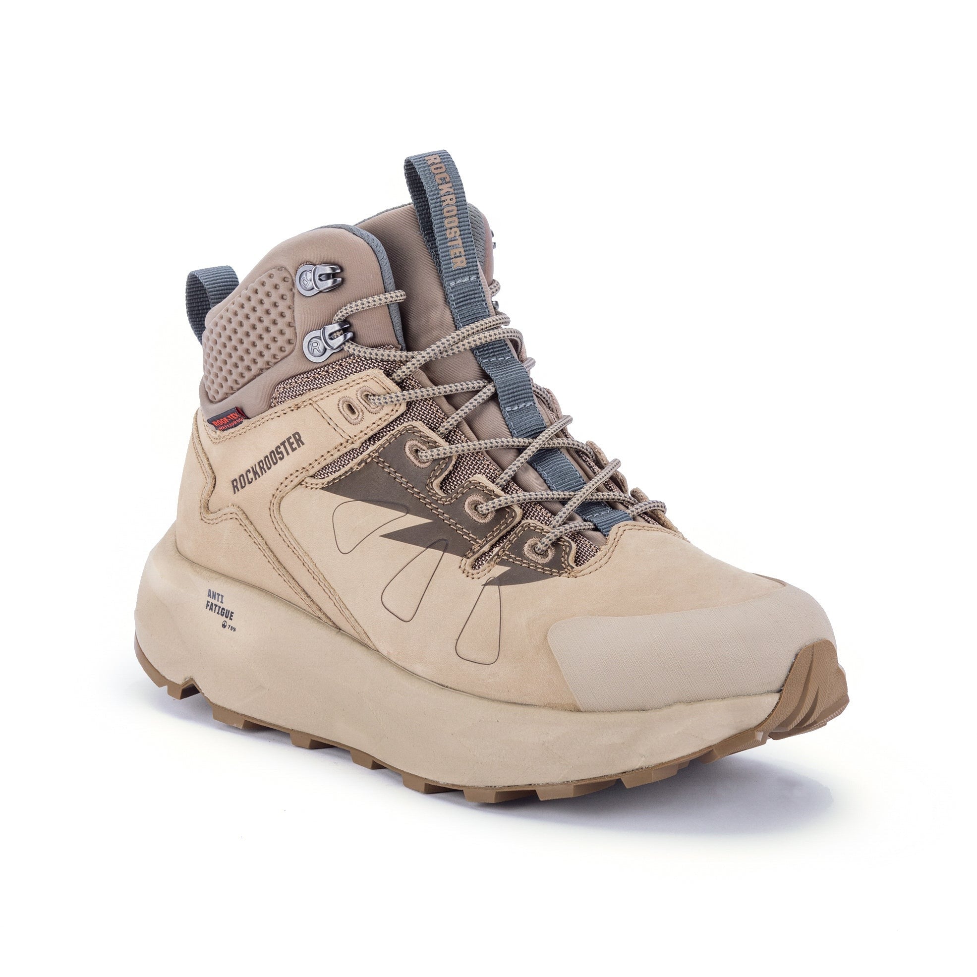 A pair of ROCKROOSTER Men's 6 Inch Hiking Boots showcasing nubuck leather, rubber outsole, and waterproof features, ideal for outdoor adventures.