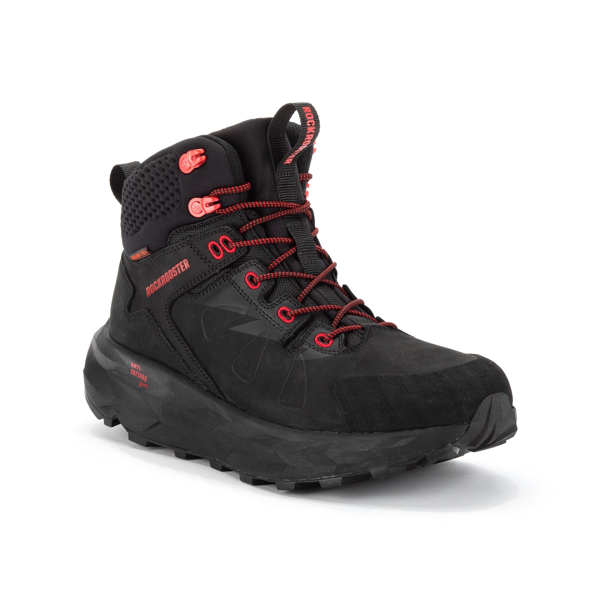 A pair of ROCKROOSTER Men's 6 Inch Hiking Boots showcasing nubuck leather, rubber outsole, and waterproof features, ideal for outdoor adventures.