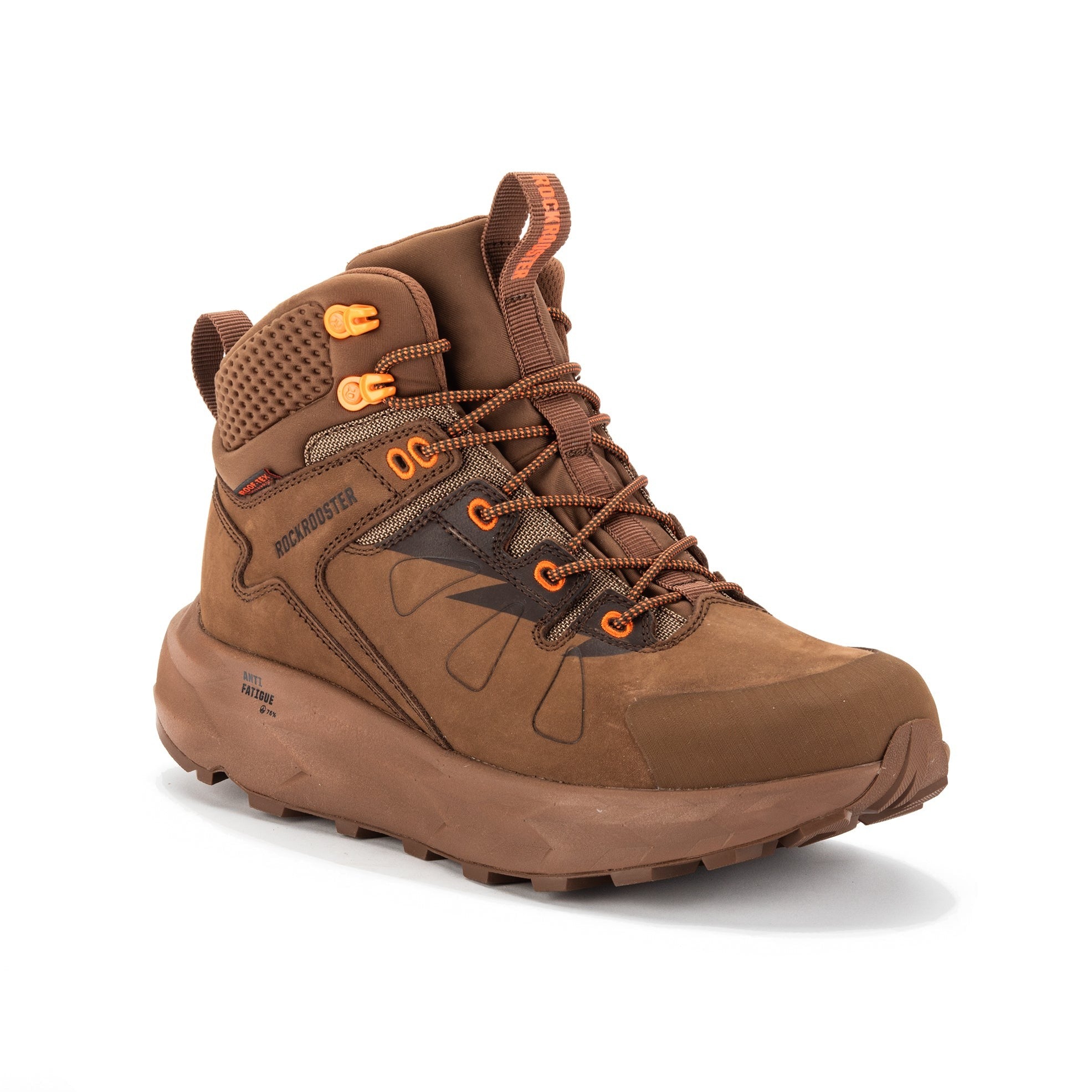 A pair of ROCKROOSTER Men's 6 Inch Hiking Boots showcasing nubuck leather, rubber outsole, and waterproof features, ideal for outdoor adventures.
