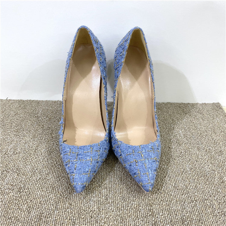 A pair of elegant New Woven High Heels with a 12CM pointed toe design, showcasing a stylish woven texture and a sleek silhouette.