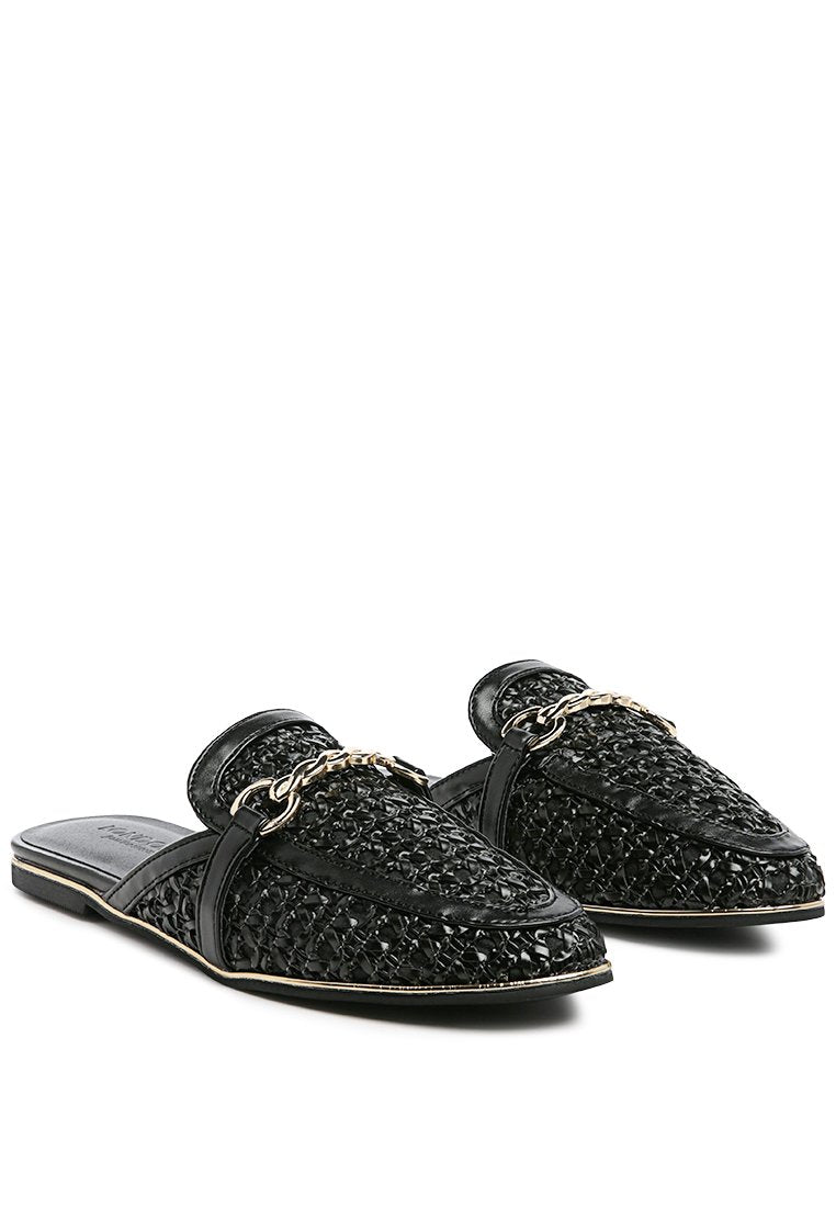 Ophelia Lattice Edge Woven Flat Mules featuring a decorative strap and round toe design, perfect for casual wear.