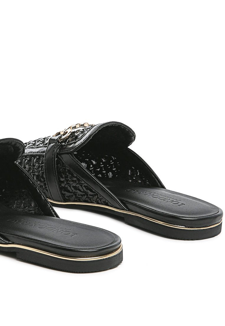 Ophelia Lattice Edge Woven Flat Mules featuring a decorative strap and round toe design, perfect for casual wear.