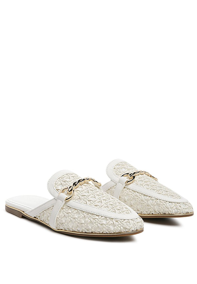 Ophelia Lattice Edge Woven Flat Mules featuring a decorative strap and round toe design, perfect for casual wear.