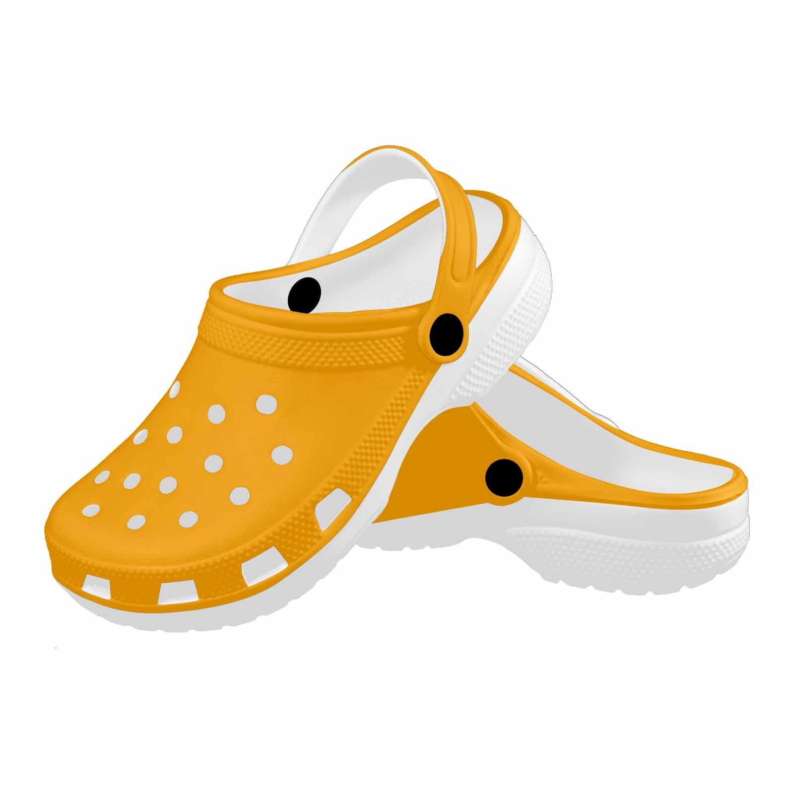 Orange custom print adults clogs made from lightweight EVA material with ventilation ports and pivoting heel straps.
