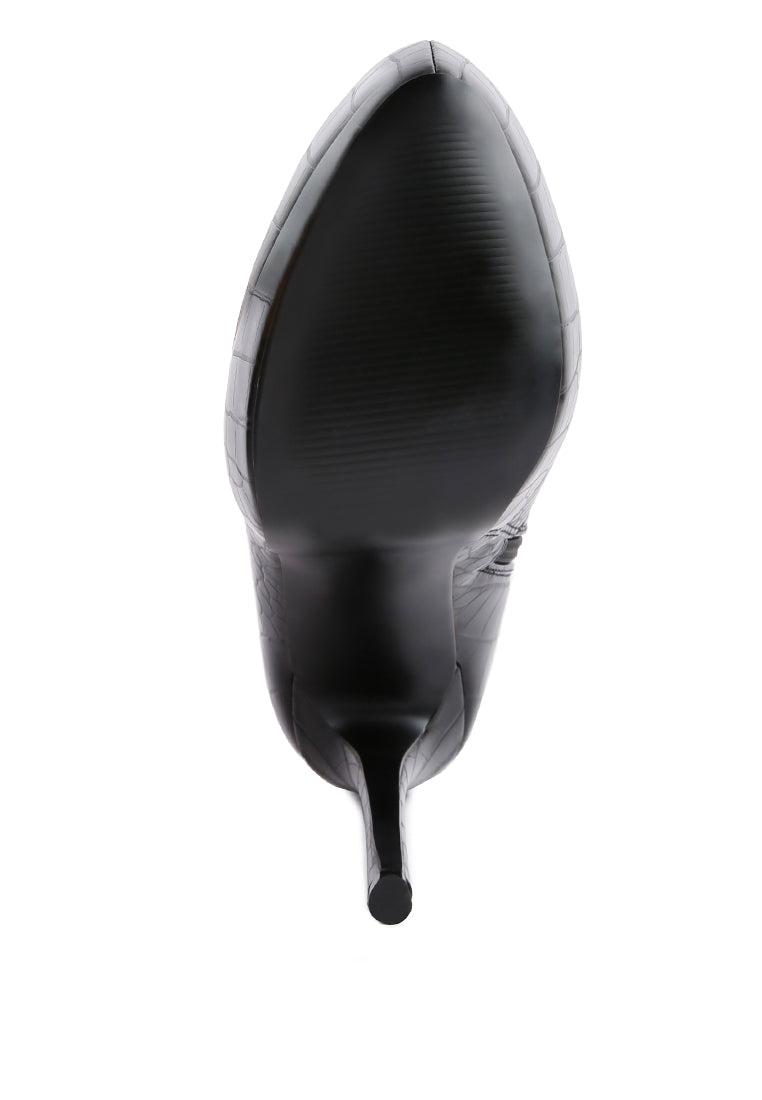 Orion High Heeled Croc Ankle Boot featuring a chic croc texture, almond toe, and stiletto heels, perfect for stylish outfits.