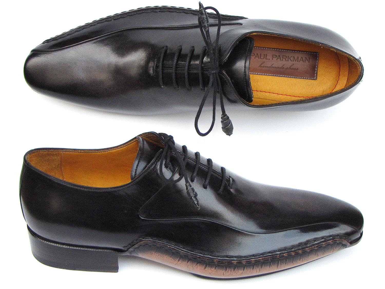 Paul Parkman Black Leather Oxfords featuring hand-painted Italian calfskin with handsewn side detail and leather wrapped laces.