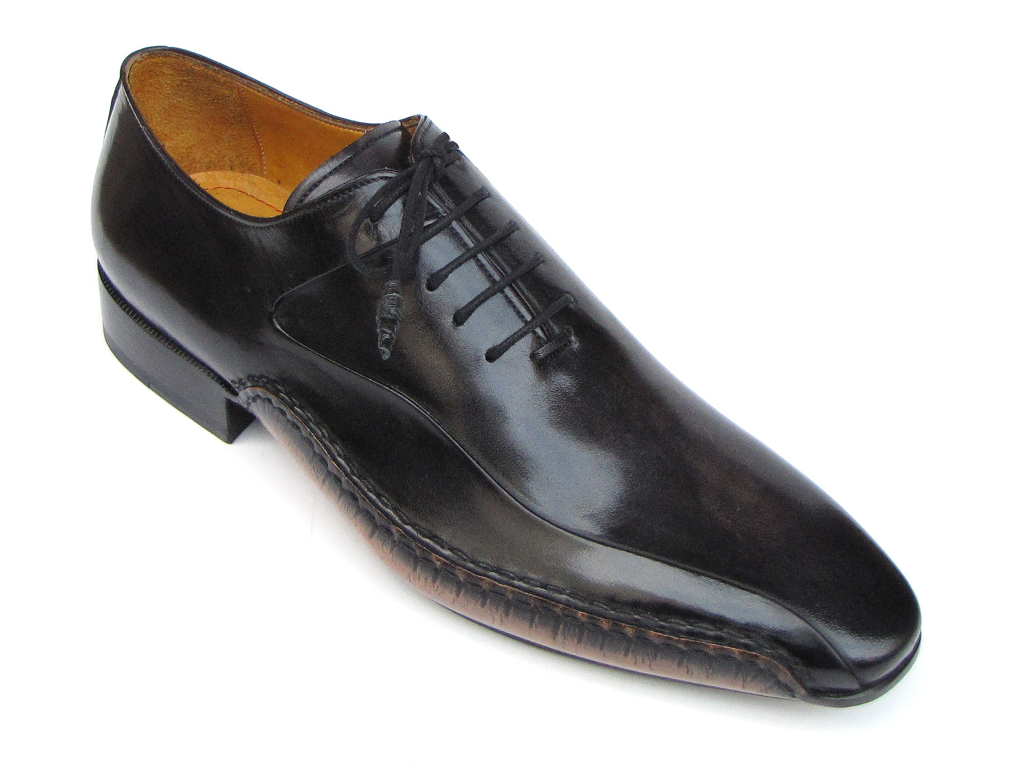 Paul Parkman Black Leather Oxfords featuring hand-painted Italian calfskin with handsewn side detail and leather wrapped laces.