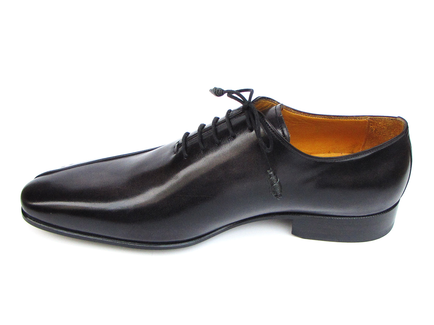 Paul Parkman Black Leather Oxfords featuring hand-painted Italian calfskin with handsewn side detail and leather wrapped laces.