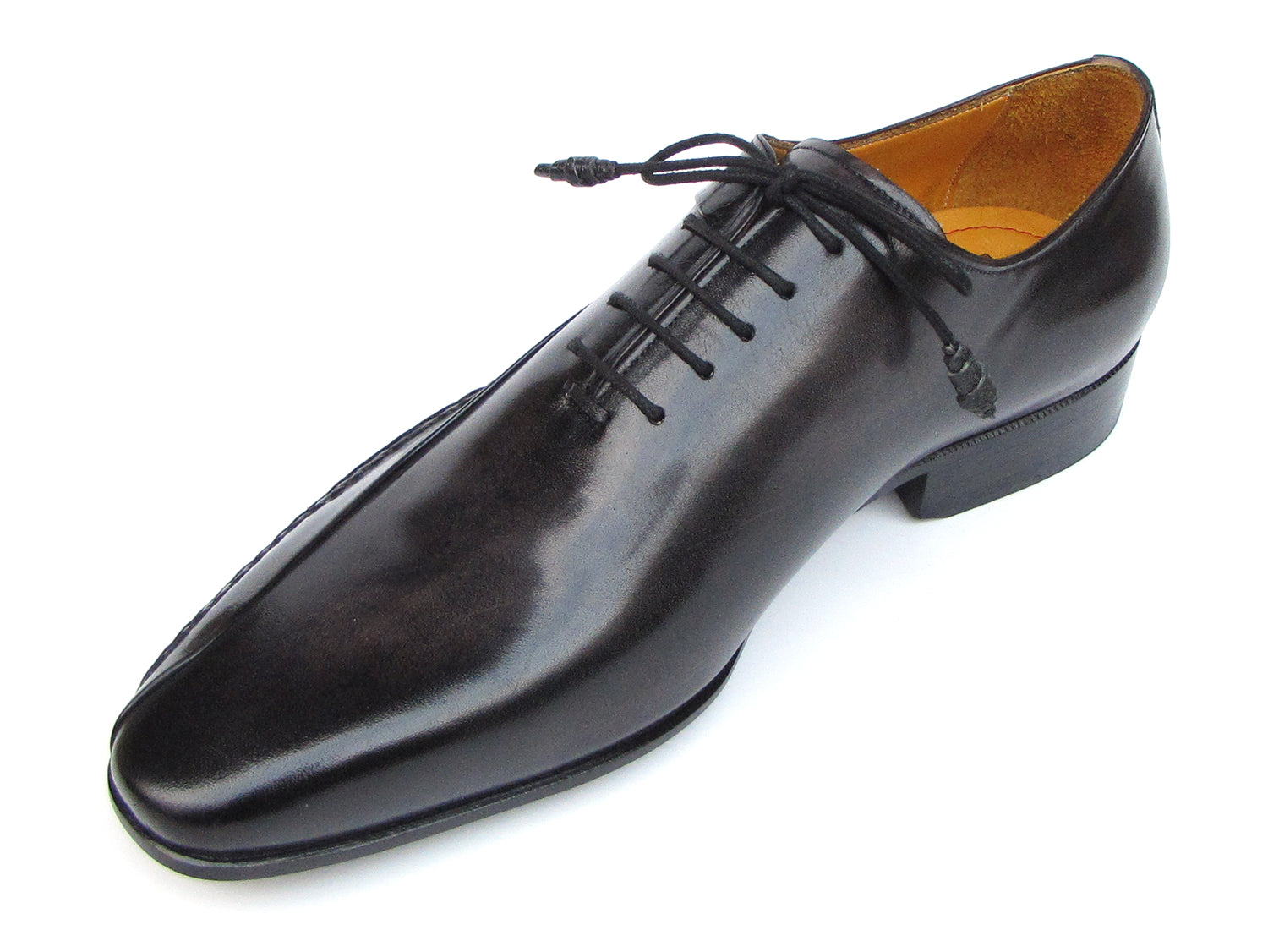 Paul Parkman Black Leather Oxfords featuring hand-painted Italian calfskin with handsewn side detail and leather wrapped laces.
