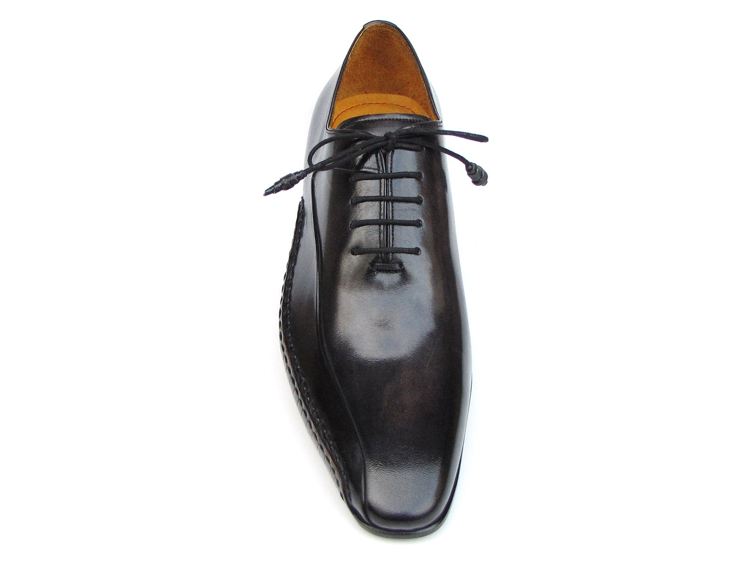 Paul Parkman Black Leather Oxfords featuring hand-painted Italian calfskin with handsewn side detail and leather wrapped laces.