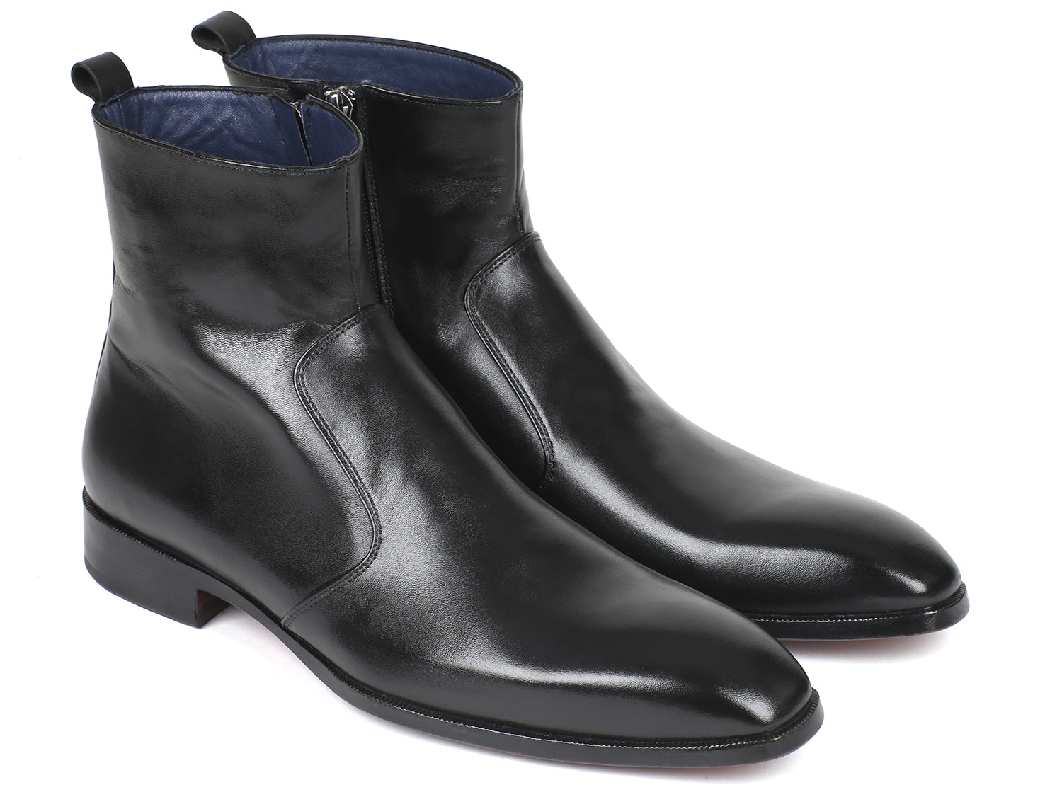 Paul Parkman Black Leather Side Zipper Boots featuring a sleek design, purple burnished leather sole, and blue leather lining.