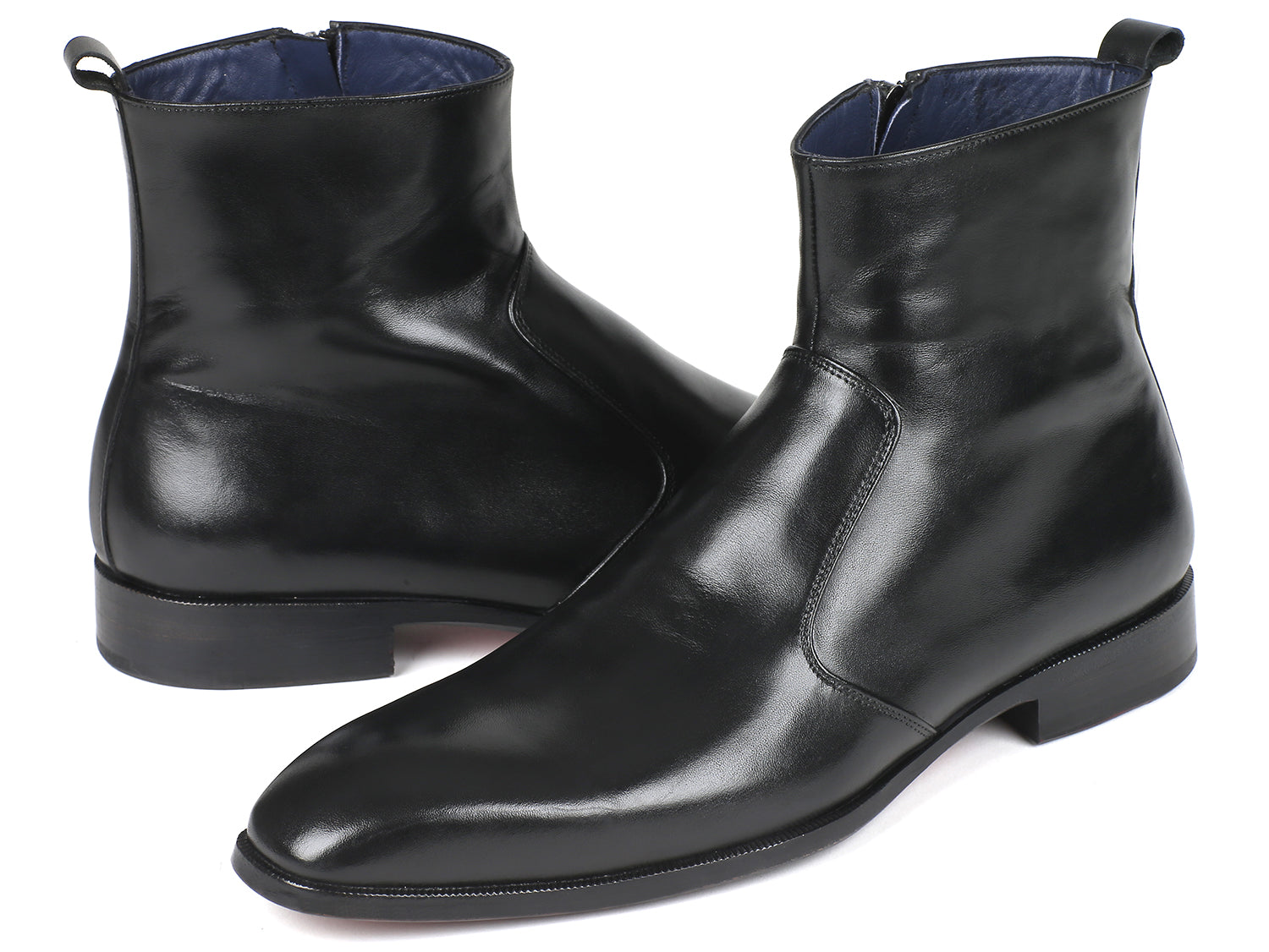 Paul Parkman Black Leather Side Zipper Boots featuring a sleek design, purple burnished leather sole, and blue leather lining.