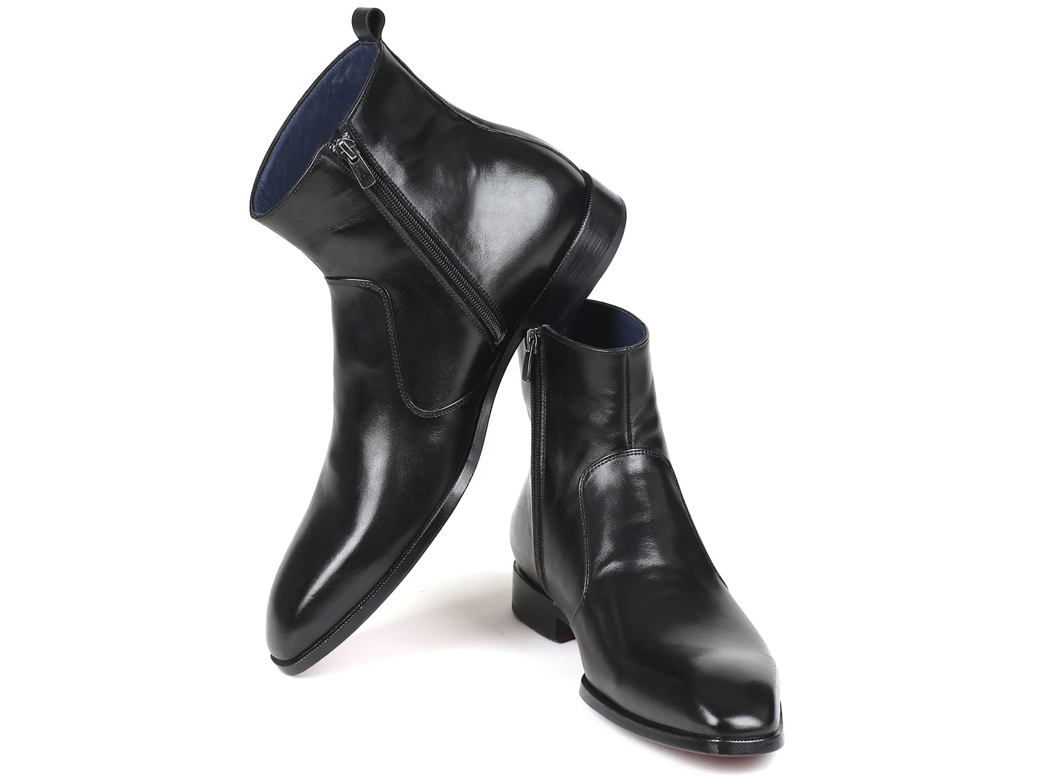 Paul Parkman Black Leather Side Zipper Boots featuring a sleek design, purple burnished leather sole, and blue leather lining.