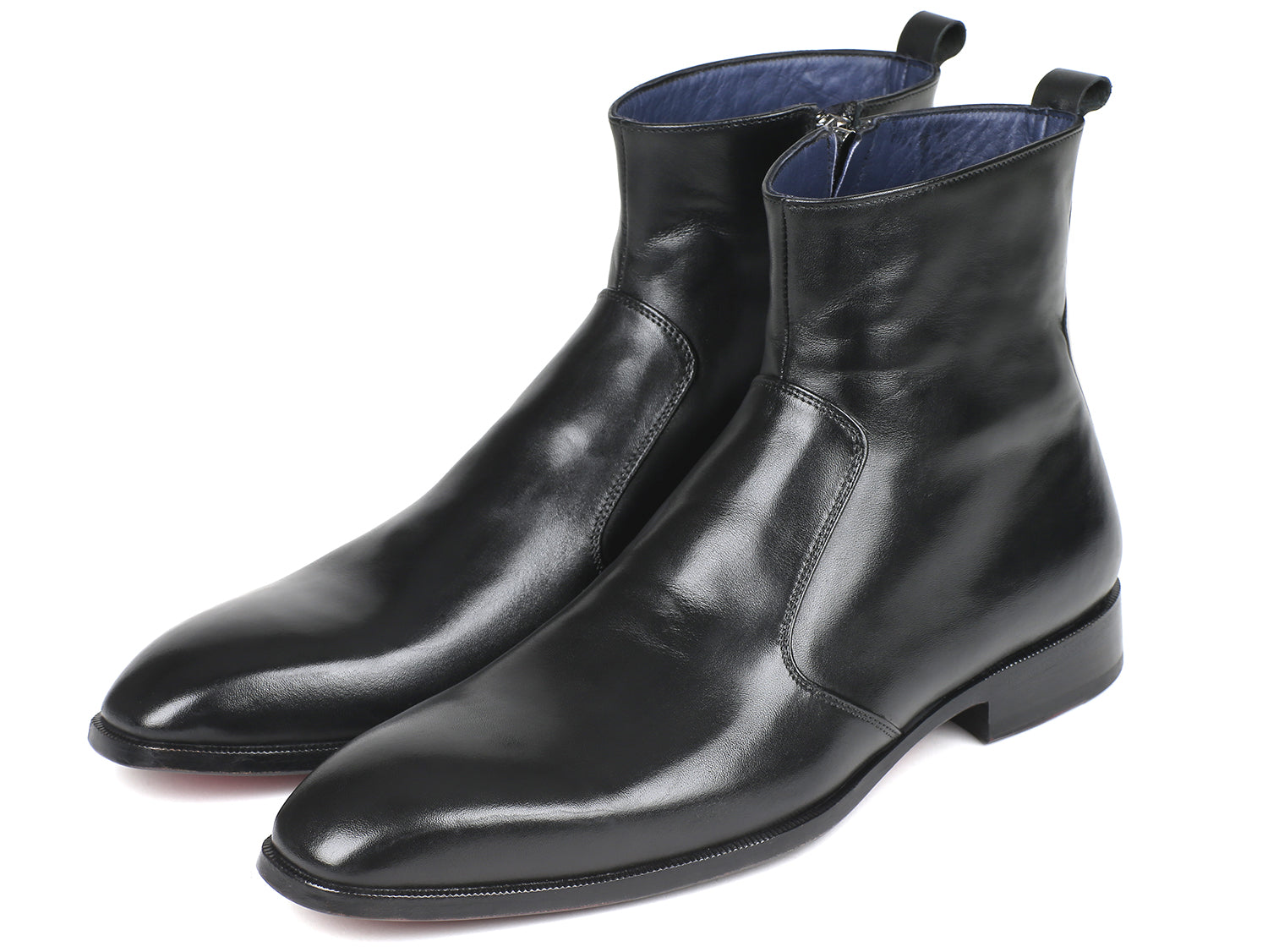 Paul Parkman Black Leather Side Zipper Boots featuring a sleek design, purple burnished leather sole, and blue leather lining.