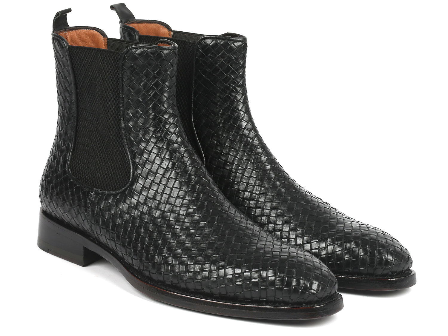 Paul Parkman Black Woven Leather Chelsea Boots featuring a woven leather upper and purple burnished sole, showcasing luxury and craftsmanship.