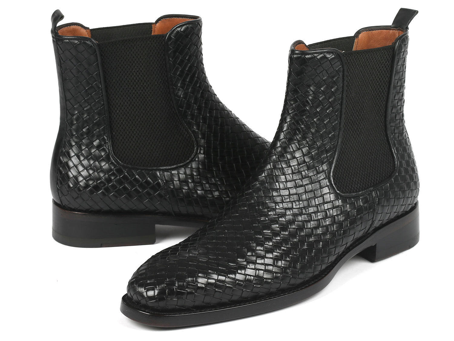 Paul Parkman Black Woven Leather Chelsea Boots featuring a woven leather upper and purple burnished sole, showcasing luxury and craftsmanship.